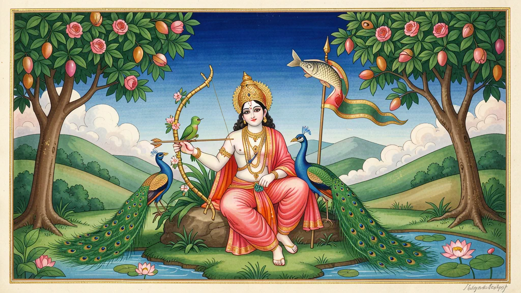 A Kangra Pahari miniature on burnished wasli paper: Kāmadeva among flowering trees and lotus pools in emerald, lapis and rose, with gold accents, under stylised cloud rolls.